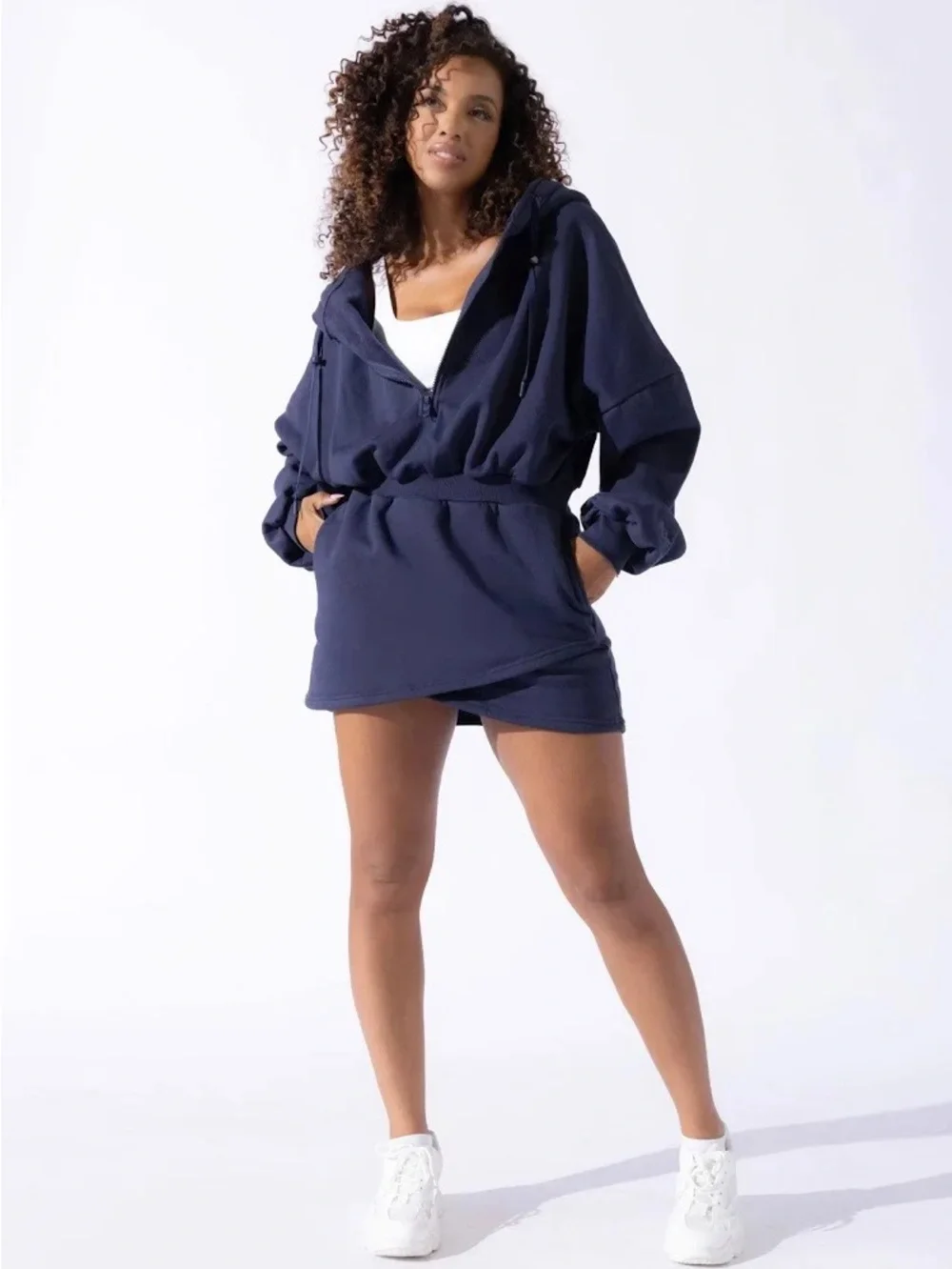 POPFLEX Navy Blue Zip-Up Hoodie Dress - Picture 3 of 7